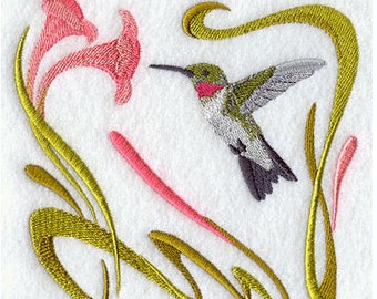 Ruby Throated Hummingbird Square Embroidered Waffle Weave Hand/Dish Towel