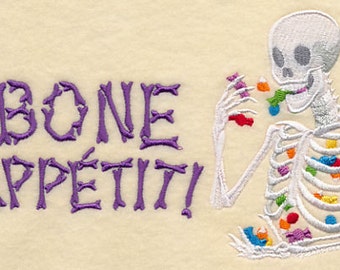 Bone Appetit Skeleton with Halloween Candy Dia De Los Muertos Embroidered Waffle Weave Hand Towel