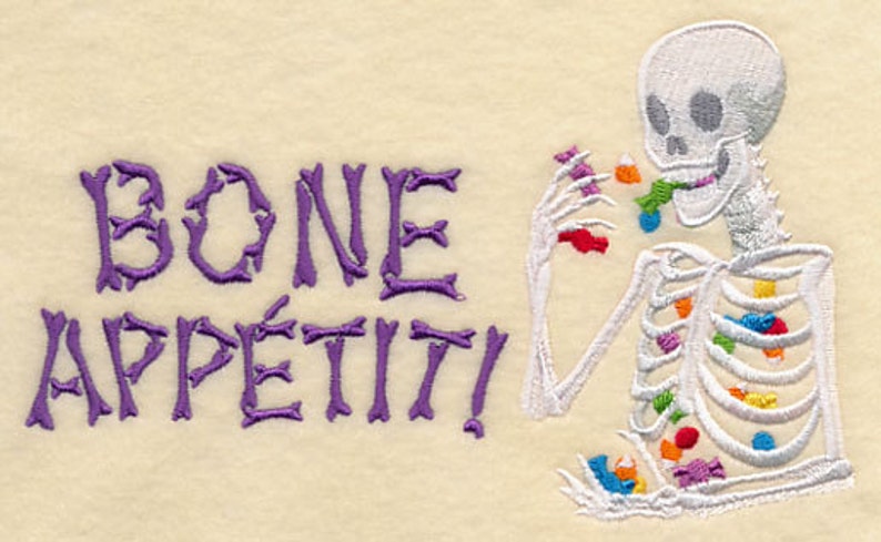 Bone Appetit Skeleton with Halloween Candy Dia De Los Muertos Embroidered Waffle Weave Hand Towel image 1