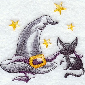 Halloween Black Kitty with Witch Hat Embroidered Waffle Weave Hand/Dish Towel