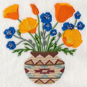 May include: A bouquet of orange California poppies and blue wildflowers in a brown and white patterned ceramic vase.