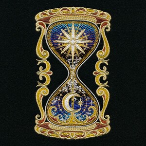 May include: A gold-colored hourglass with a blue and gold celestial design. The top of the hourglass features a star with a white center and the bottom features a crescent moon with a white center. The hourglass is surrounded by a gold ornate frame.