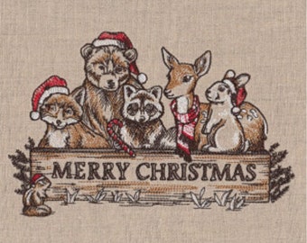 Woodland Christmas Critters Baum bestickte Waffel Weave Hand / Geschirrtuch