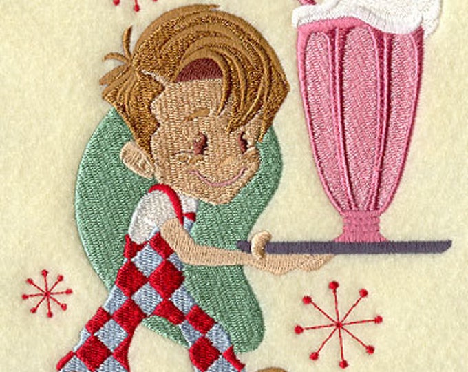 Retro Diner Boy with Milkshake Embroidered Waffle Weave Hand/Dish Towel