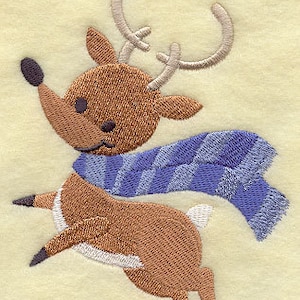 May include: A brown reindeer with a blue and white striped scarf, with its antlers up, is flying through the air.