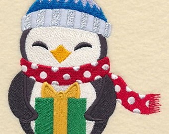 Paño de cocina o de mano con tejido gofrado bordado con pingüino navideño y regalo