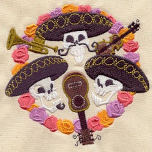May include: Three skeleton musicians wearing sombreros and playing musical instruments. The skeletons are surrounded by pink, orange, and purple roses.