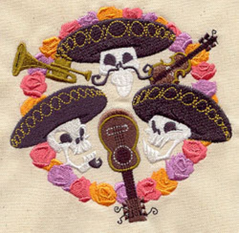 May include: Three skeleton musicians wearing sombreros and playing musical instruments. The skeletons are surrounded by pink, orange, and purple roses.