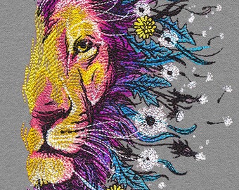May include: A colorful embroidered design of a lion's face with a mane of purple, blue, and yellow flowers and leaves. The lion's face is detailed with a pink nose and yellow fur.
