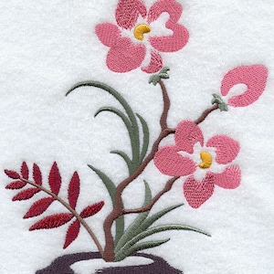 Pink Brushstroke Ikebana Asian Flower Embroidered Waffle Weave Hand/Dish Towel image 1