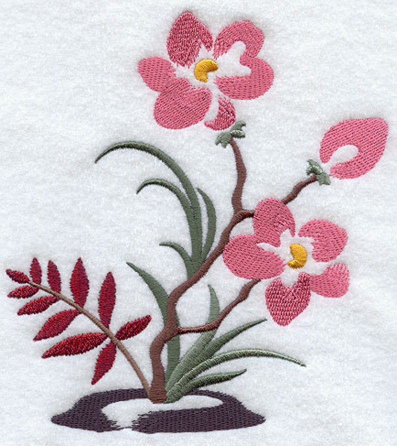 Pink Brushstroke Ikebana Asian Flower Embroidered Waffle Weave Hand/Dish Towel image 1