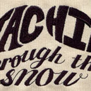 May include: Black and white graphic design of a mustache with the text "Staching through the snow" underneath.