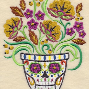 Frightful Flowers in Calavera Skull Mexican Culture Dia De Los Muertos Sugar Skull Embroidered Waffle Weave Hand Towel