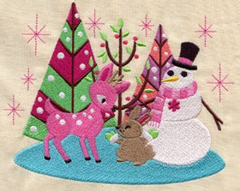 Jingle Bell Jazz Winter Scene with a Snowman, Deer and Trees Embroidered Waffle Weave Hand/Dish Towel