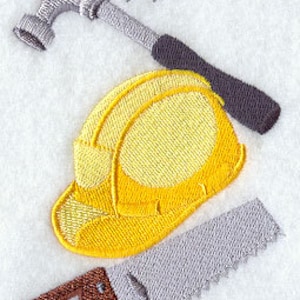 May include: A yellow hard hat, a hammer, a saw, a screwdriver, and four nails. The tools are arranged vertically on a white background.