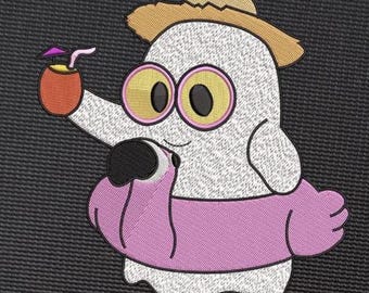 Summerween Summer Halloween Ghost with Drink and Flamingo Pool Float Embroidered Waffle Weave Hand/Dish Towel