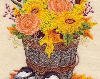 Fall Flowers and Chickadees Embroidered Waffle Weave Hand Towel