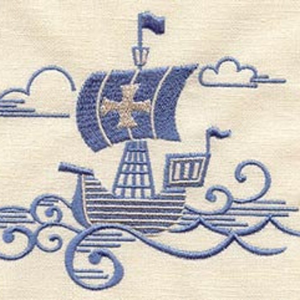 The Seven Seas Viking Boat Embroidered Waffle Weave Hand Towel
