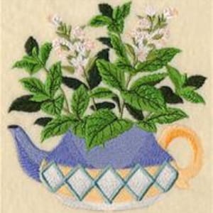 Herbal Tea Garden Tea Pot and Basil Embroidered Waffle Weave Hand/Dish Towel