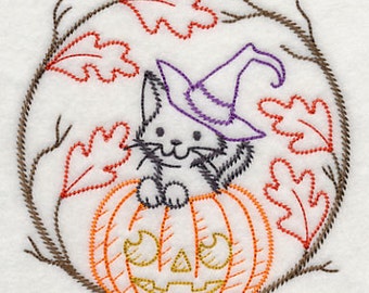 Bewitched Halloween Kitty with Pumpkin Embroidered Waffle Weave Hand/Dish Towel