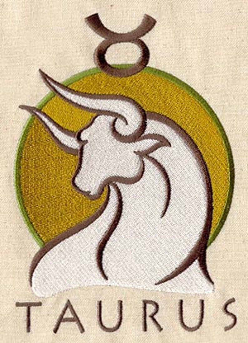 May include: Embroidered Taurus zodiac sign with a white bull head silhouette on a yellow circle with a brown Taurus symbol above.