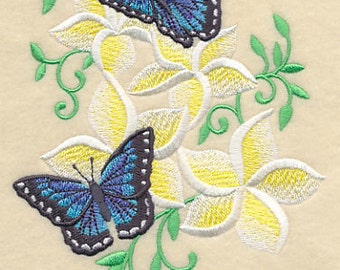 Frangipani and Butterflies Embroidered Waffle Weave Hand Towel