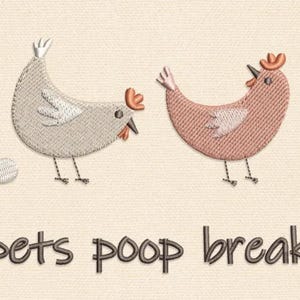 May include: Embroidered artwork featuring four stylized chickens in blue, gray, pink, and yellow, with orange combs and white accents. An egg is next to the gray chicken. The text "My pets poop breakfast" is below the chickens.
