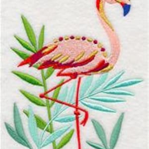 May include: Embroidered design of a pink flamingo standing on one leg with its neck curved, surrounded by green and blue leaves. The flamingo has red, yellow, and gold accents.