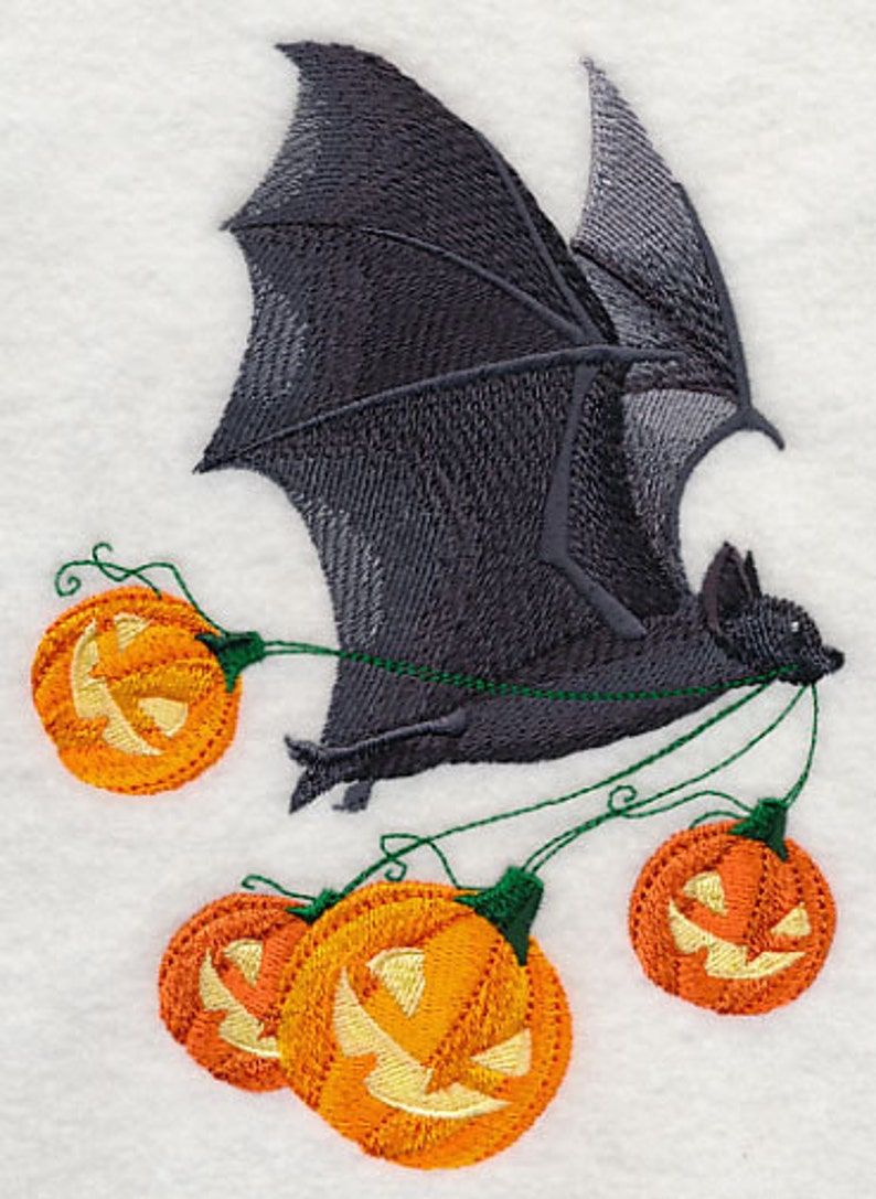 Flying Bat with Jack o Lanterns Pumpkins Embroidered Waffle Weave Hand/Dish Towel image 1