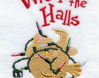 Wreck the Halls Christmas Cat Embroidered Waffle Weave Hand/Dish Towel