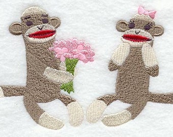 Sock Monkey Gives Flowers Embroidered Waffle Weave Hand/Dish Towel
