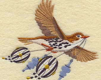 Christmas Woodthrush with Ornaments in Flight Embroidered Waffle Weave Hand/Dish Towel