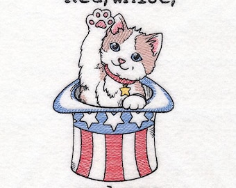 Patriotic Cat Red White and Meow Embroidered Waffle Weave Hand/Dish Towel