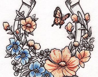 Floral Horseshoe Embroidered Waffle Weave Hand/Dish Towel