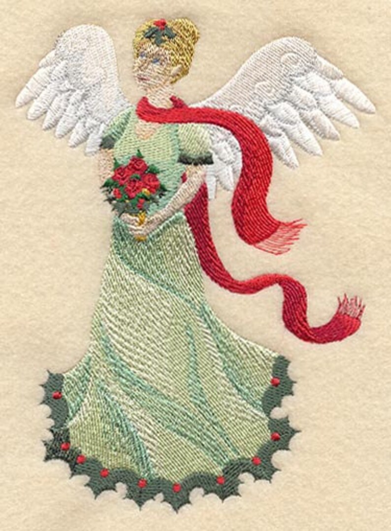 May include: Embroidered angel with white wings, a red scarf, and a green dress holding a bouquet of red flowers. The angel's dress is trimmed with holly leaves and berries.