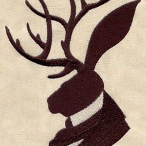 May include: A brown silhouette of a rabbit with large antlers. The rabbit is wearing a white scarf.