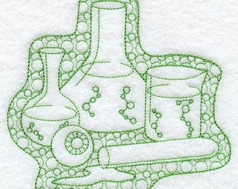 May include: A line drawing of a set of laboratory equipment, including a beaker, a flask, a graduated cylinder, and a test tube. The equipment is surrounded by a pattern of small circles.