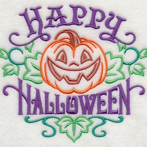 Swirly Happy Halloween and Pumpkin Embroidered Waffle Weave Hand/Dish Towel image 1