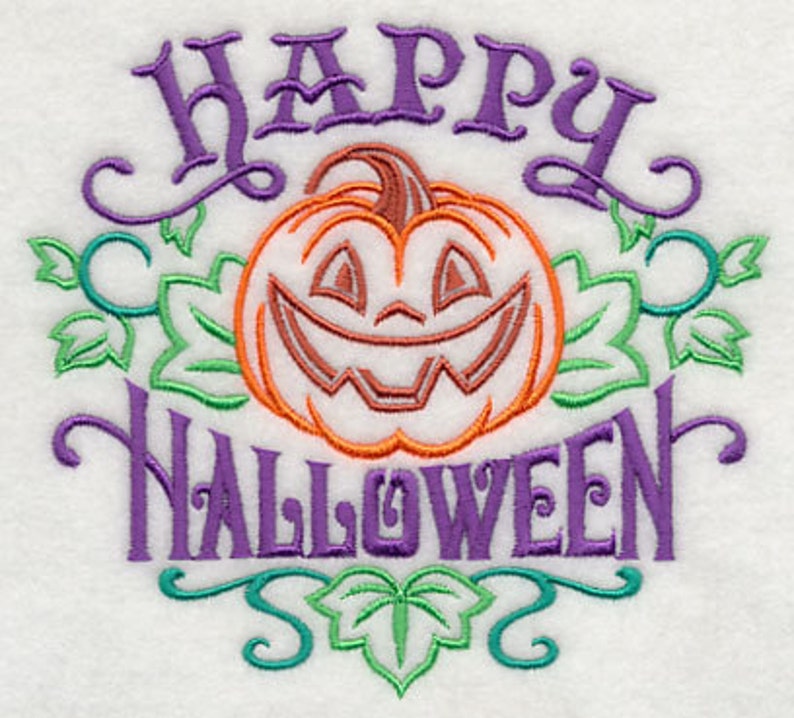 Swirly Happy Halloween and Pumpkin Embroidered Waffle Weave Hand/Dish Towel image 1