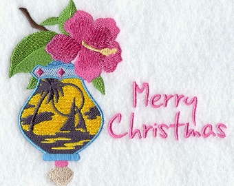 Tropical Merry Christmas Ornament Embroidered Waffle Weave Hand/Dish Towel