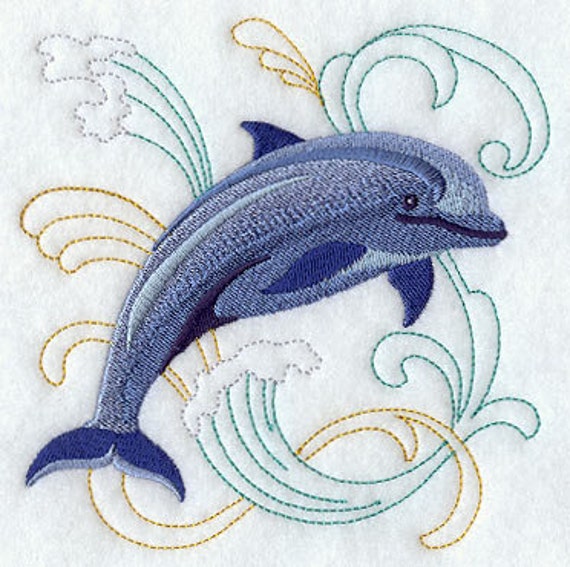 Dolphin Under the Sea Embroidered Waffle Weave Hand dish Towel