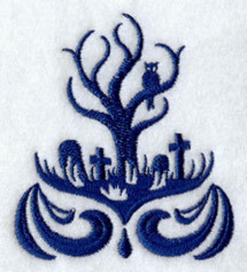 Damask Graveyard Haunted Tree Accent Embroidered Waffle Weave Hand/Dish Towel image 1