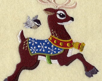 Vintage Reindeer Prancer Embroidered Waffle Weave Hand/DIsh Towel