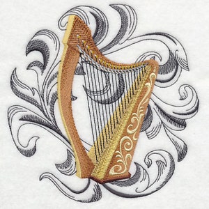 May include: A gold and brown harp with intricate carvings, surrounded by black and white swirling floral designs.