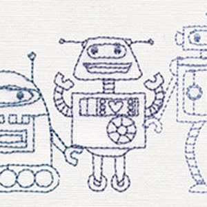 Peut inclure: Cinq dessins au trait noir et blanc de robots aux designs différents. Les robots sont tous debout et présentent diverses caractéristiques, notamment des antennes, des roues et des engrenages.