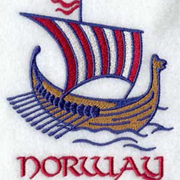 Viking Ship and Norway Embroidered Waffle Weave Hand/Dish Towel