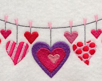 Romantic Heart Clothesline Valentine's Day Embroidered Waffle Weave Hand/DIsh Towel