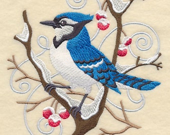 Broderad våffelvävd handduk/diskhandduk med blå jay-gren