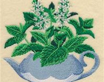 Herbal Tea Garden Tea Pot and Mint Embroidered Waffle Weave Hand/Dish Towel