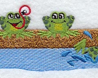 Frogs on a Log Embroidered Waffle Weave Hand/Dish Towel